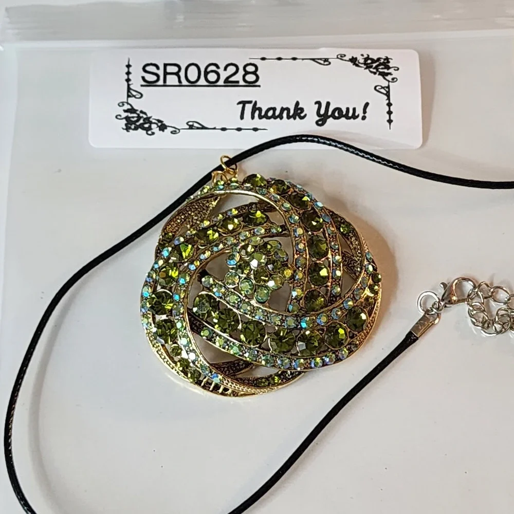 Olive Green Rhinestone Pendant Necklace Gold Tone AB Crystal Statement Glam